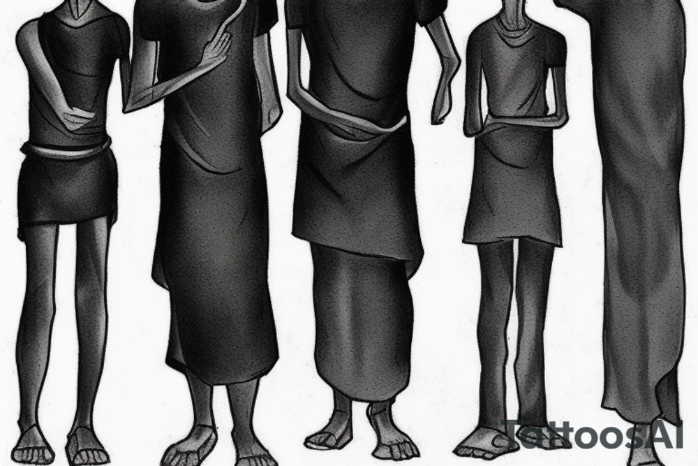 Main idea: One tall and thin man walking towards his left side, to the west.  Three little black panthers are following him

TATTOO STYLE: simple drawing, no fillings, just the outlines in black

The man: The man is dressed in simple clothes like a shepherd from the first century. He is wearing a long tunic, a white hat, and sandals. The man will be carrying a staff or a shepherd's crook.

Background: The background is plain, with no fillings. The man is outlined in black, and his clothes are shaded in grayscale. tattoo idea
