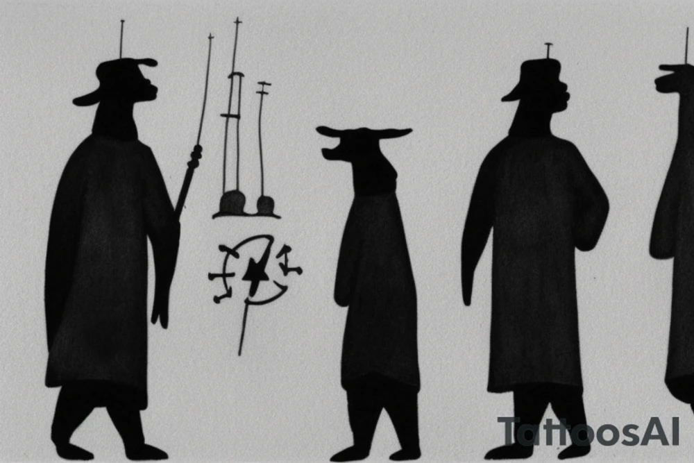 Main idea: One tall and thin man walking towards his left side, to the west.  Three little black panthers are following him

TATTOO STYLE: simple drawing, no fillings, just the outlines in black

The man: The man is dressed in simple clothes like a shepherd from the first century. He is wearing a long tunic, a white hat, and sandals. The man will be carrying a staff or a shepherd's crook.

Background: The background is plain, with no fillings. The man is outlined in black, and his clothes are shaded in grayscale. tattoo idea