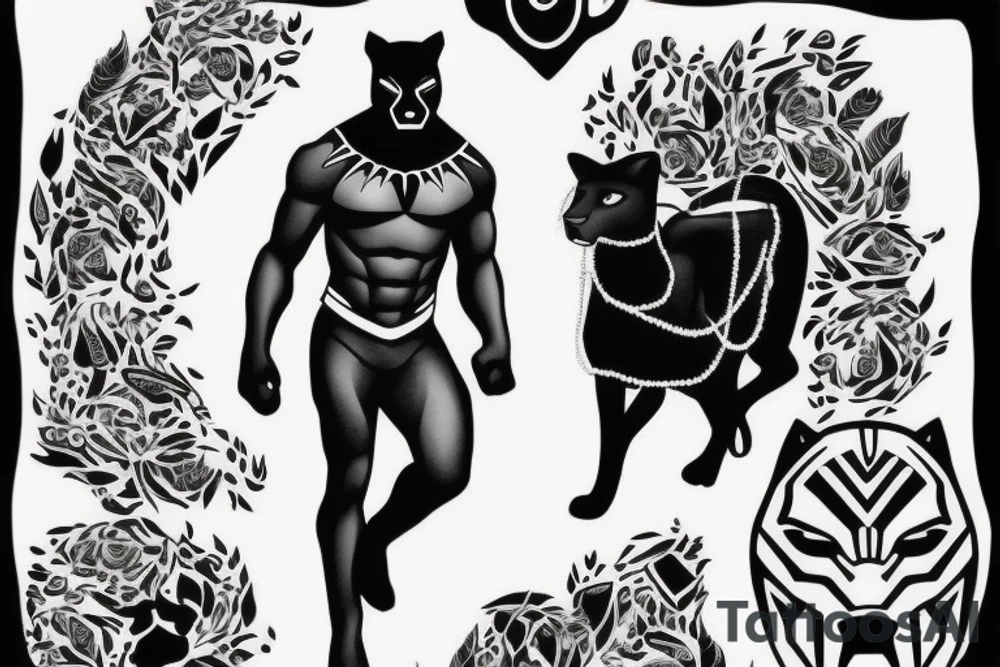 A black panther walking towards the front, full body
Besides her there´s a tall thin men, carring a shepherd's crook tattoo idea