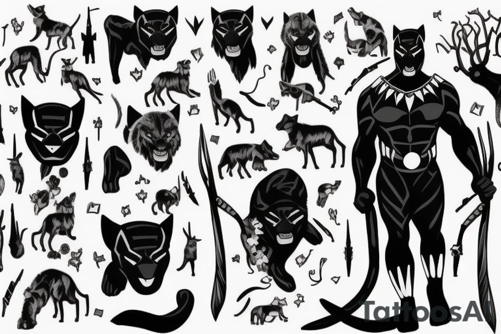 A black panther walking towards the front, full body
Besides her there´s a tall thin men, carring a shepherd's crook tattoo idea