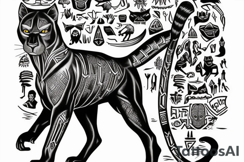 A black panther walking towards the front, full body
Besides her there´s a tall thin men, carring a shepherd's crook tattoo idea