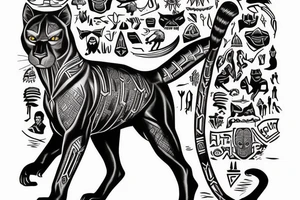 A black panther walking towards the front, full body
Besides her there´s a tall thin men, carring a shepherd's crook tattoo idea