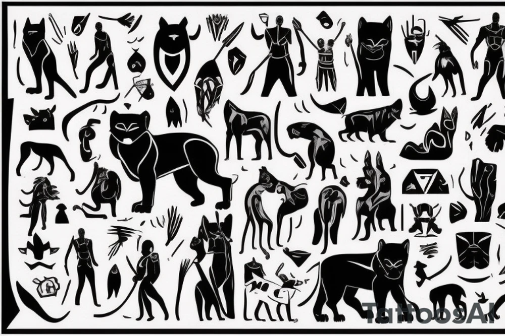 A black panther walking towards the front, full body
Besides her there´s a tall thin man, carring a shepherd's crook tattoo idea
