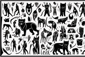 A black panther walking towards the front, full body
Besides her there´s a tall thin man, carring a shepherd's crook tattoo idea