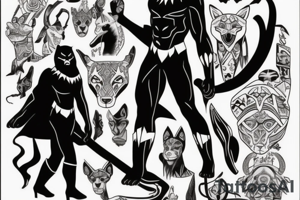 A black panther walking towards the front, full body
Besides her there´s a tall thin man, carring a shepherd's crook tattoo idea
