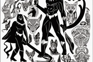 A black panther walking towards the front, full body
Besides her there´s a tall thin man, carring a shepherd's crook tattoo idea