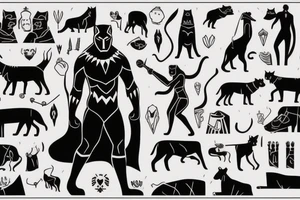 A black panther walking towards the front, full body
Besides her there´s a tall thin man, carring a shepherd's crook tattoo idea