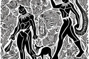 A black panther walking towards the front, full body
Besides her there´s a tall thin man, carring a shepherd's crook tattoo idea