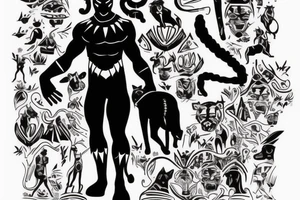 A black panther walking towards the front, full body
Besides her there´s a tall thin man, carring a shepherd's crook tattoo idea
