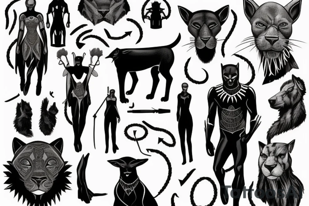 A black panther walking towards the front, full body
Besides her there´s a tall thin man, carring a shepherd's crook tattoo idea