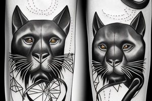 A black panther walking towards the front, full body
Besides her there´s a tall thin man, carring a shepherd's crook tattoo idea