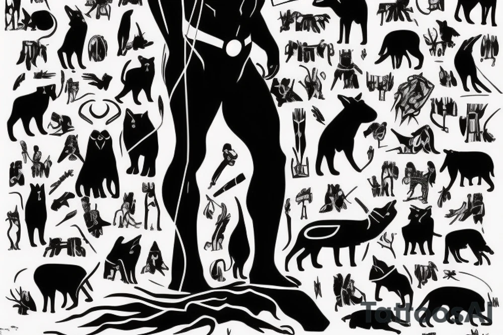 A black panther walking towards the front, full body
Besides her there´s a tall thin man, carring a shepherd's crook tattoo idea
