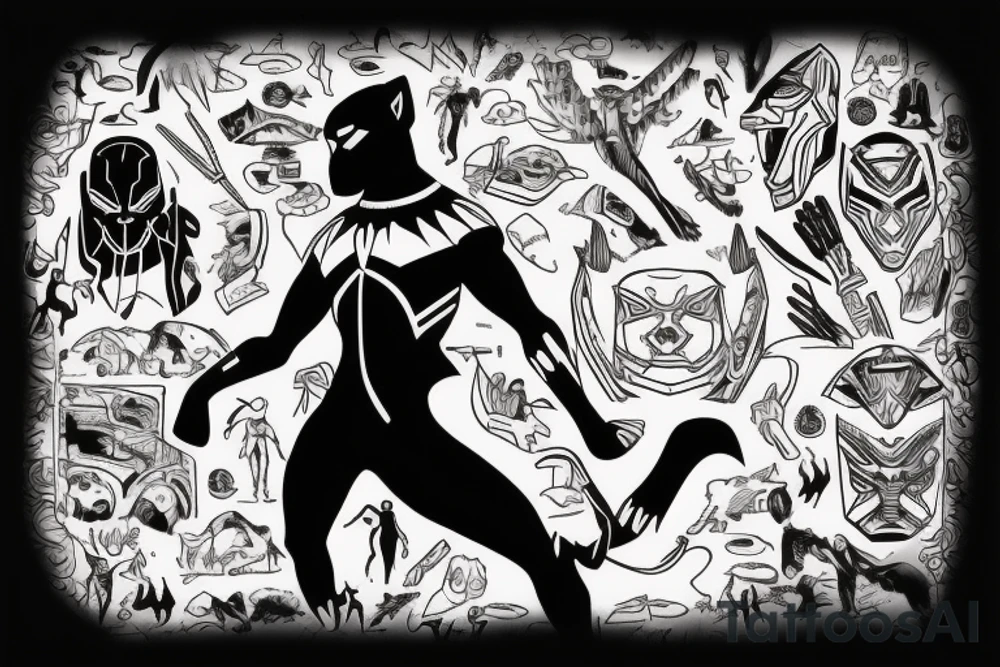 A black panther walking towards the front, full body
Besides her there´s a tall thin man, carring a shepherd's crook tattoo idea