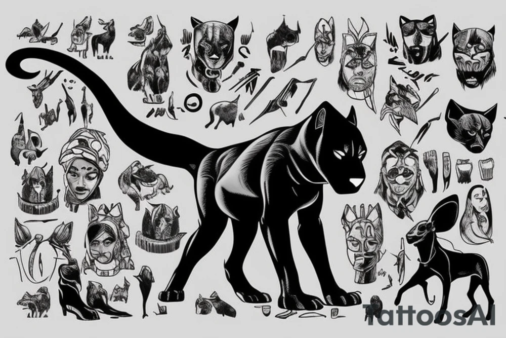 A black panther walking towards the front, full body
Besides her there´s a tall thin man, carring a shepherd's crook tattoo idea