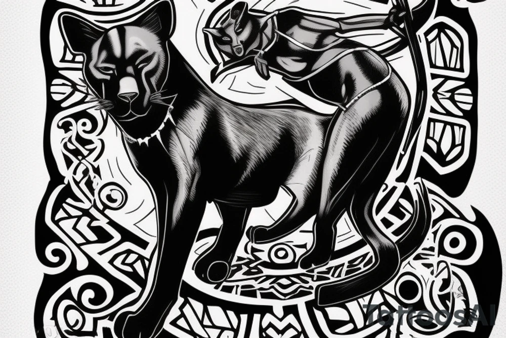 A black panther walking towards the front, full body
Besides her there´s a tall thin man, carring a shepherd's crook tattoo idea