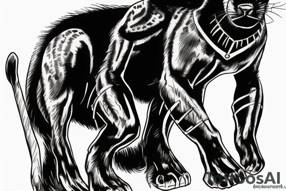 A black panther walking towards the front, full body
Besides her there´s a tall thin man, carring a shepherd's crook tattoo idea