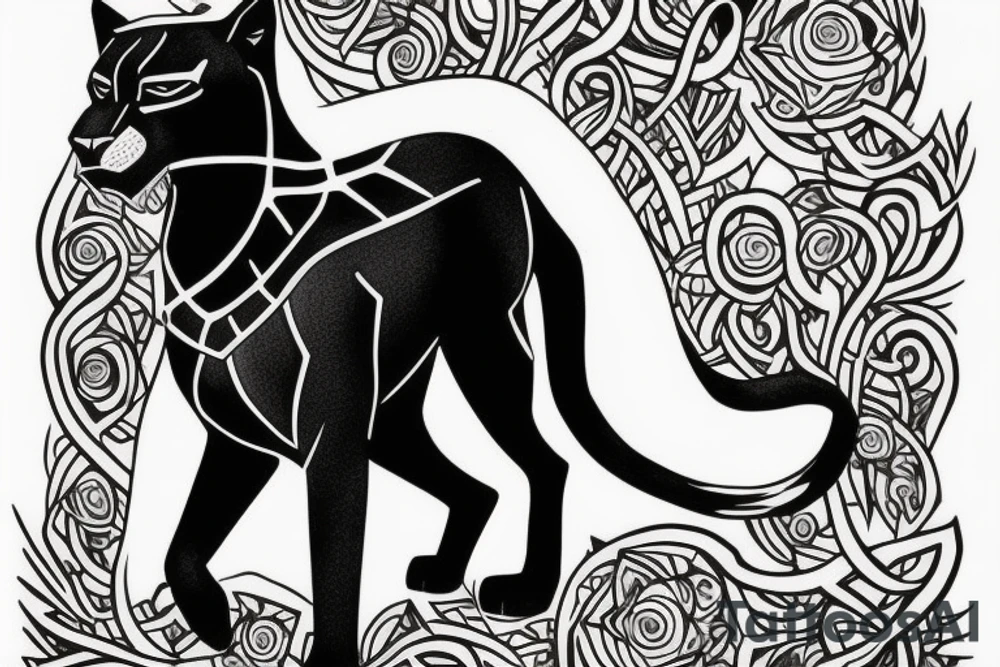 A black panther walking towards the front, full body
Besides her there´s a tall thin man, carring a shepherd's crook tattoo idea