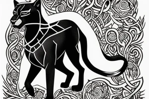 A black panther walking towards the front, full body
Besides her there´s a tall thin man, carring a shepherd's crook tattoo idea