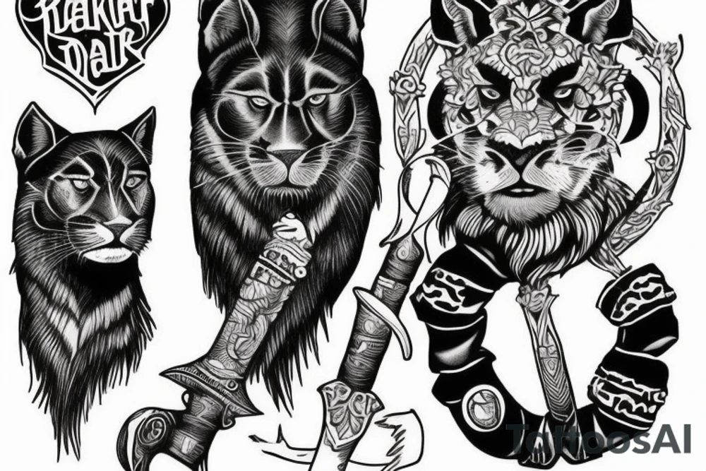I want 3 black panthers, walking side by side
One of them is caring a shepherd's crook tattoo idea