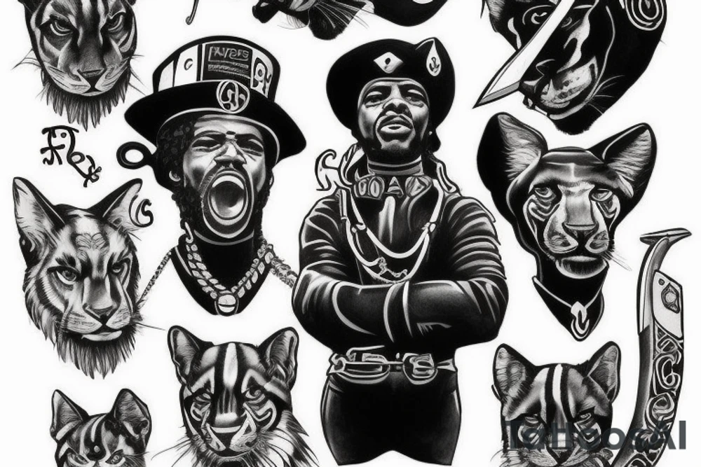 I want 3 black panthers, walking side by side
One of them is caring a shepherd's crook tattoo idea
