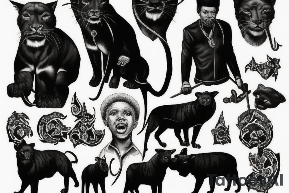 I want 3 black panthers, walking side by side
One of them is caring a shepherd's crook tattoo idea