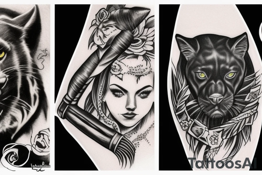 I want 3 black panthers, walking side by side
One of them is caring a shepherd's crook tattoo idea