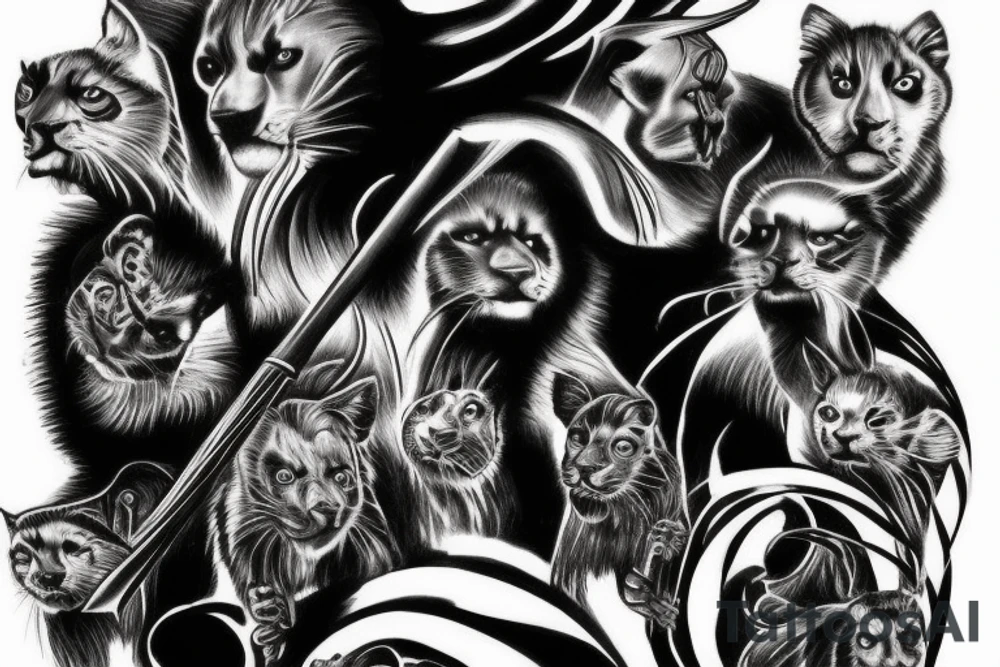 I want 3 black panthers, walking side by side
One of them is caring a shepherd's crook tattoo idea