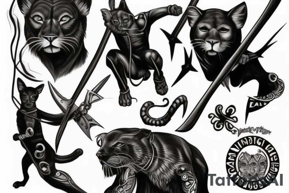 I want 3 black panthers, walking side by side
One of them is caring a shepherd's crook tattoo idea
