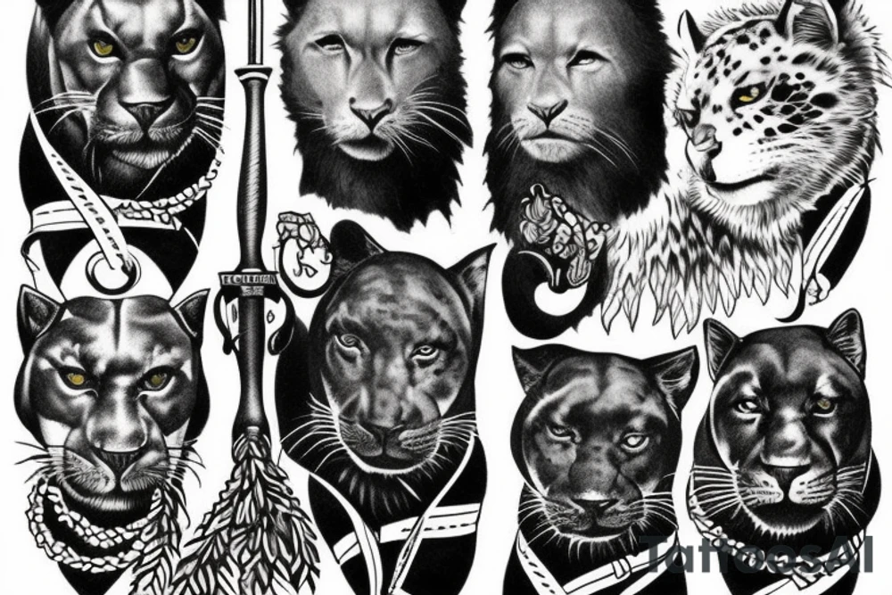 I want 3 black panthers, walking side by side
One of them is caring a shepherd's crook tattoo idea