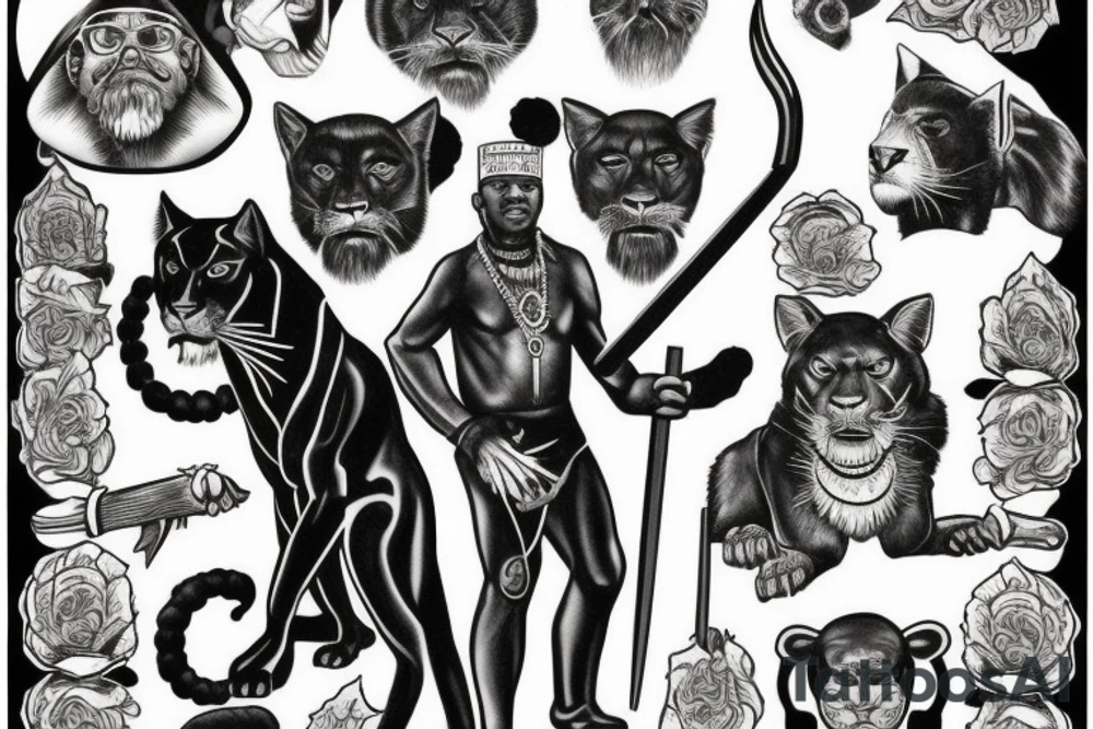 I want 3 black panthers, walking side by side
One of them is caring a shepherd's crook tattoo idea