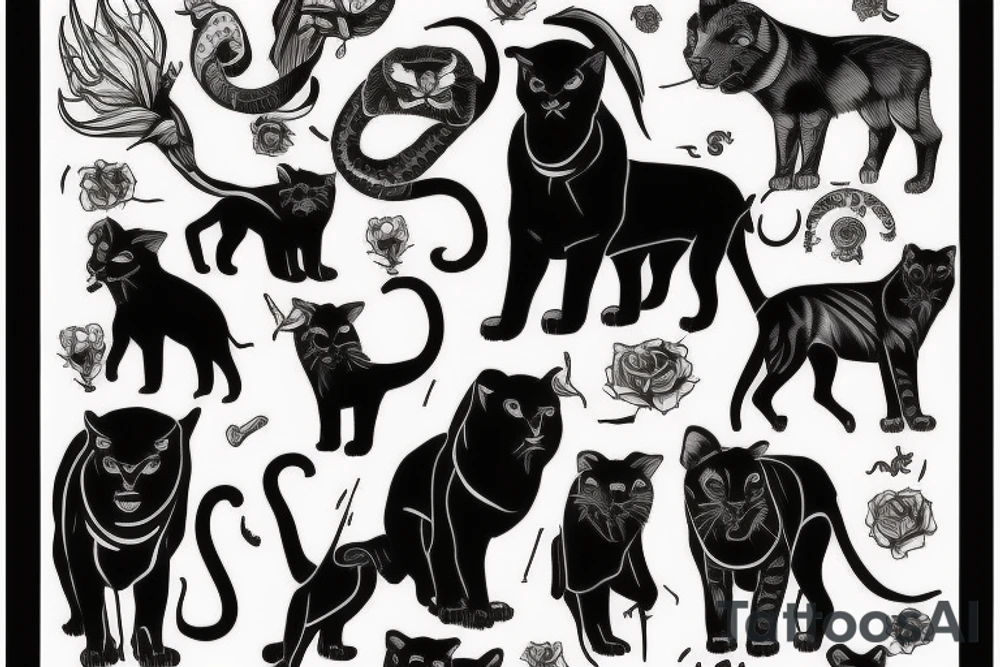 I want 3 black panthers (designed just like the real animal), walking side by side.
The one in the middle is caring a shepherd's crook. tattoo idea
