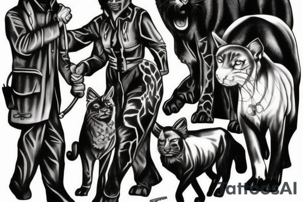 I want 3 black panthers (designed just like the real animal), walking side by side.
The one in the middle is caring a shepherd's crook. tattoo idea