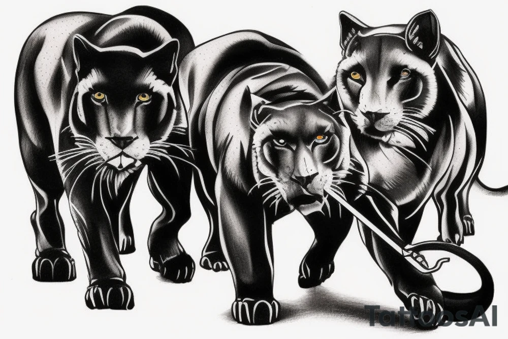 I want 3 black panthers (designed realistic like the animal), walking side by side.
The one in the middle is caring a shepherd's crook. tattoo idea
