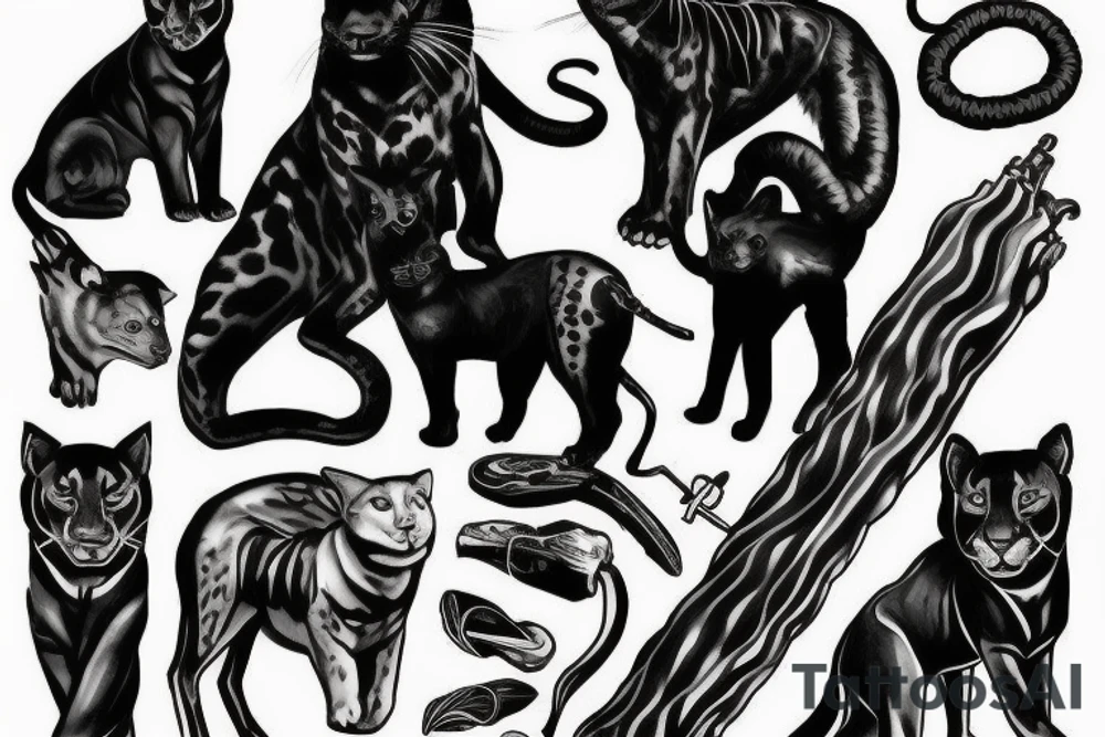 I want 3 black panthers (designed realistic like the animal), walking side by side.
The one in the middle is caring a shepherd's crook. tattoo idea