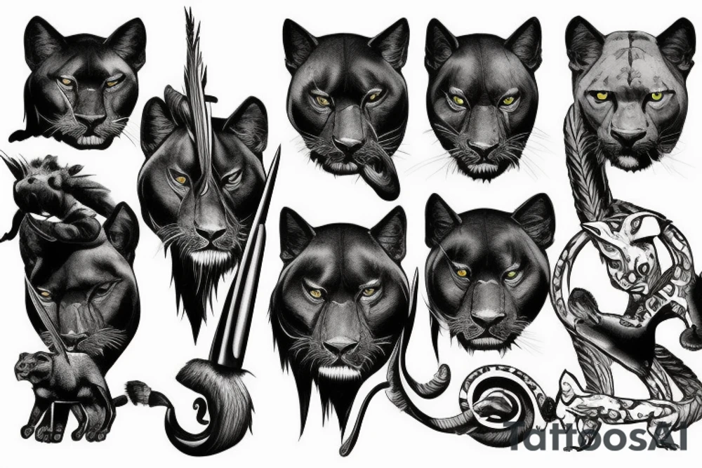 I want 3 black panthers (designed realistic like the animal), walking side by side.
The one in the middle is caring a shepherd's crook. tattoo idea
