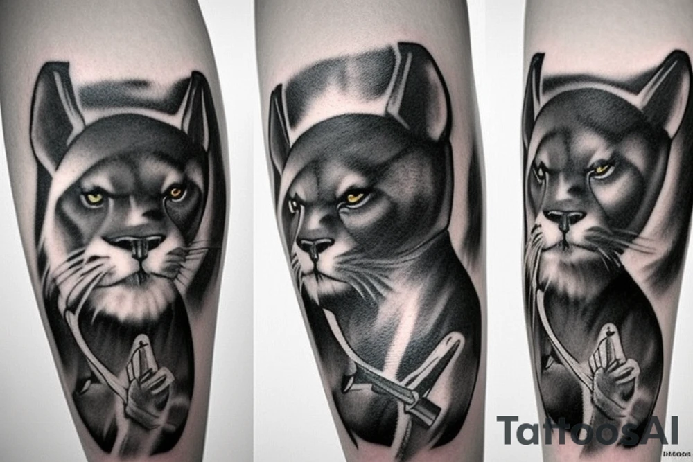 I want 3 black panthers (designed realistic like the animal), walking side by side.
The one in the middle is caring a shepherd's crook. tattoo idea