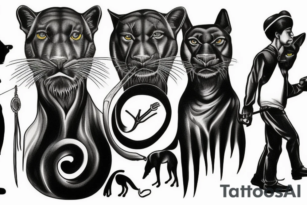 I want 3 black panthers (designed realistic like the animal), walking side by side.
The one in the middle is caring a shepherd's crook. tattoo idea