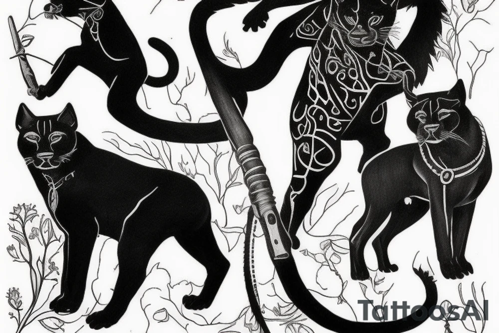 I want 3 black panthers (designed realistic like the animal), walking side by side.
The one in the middle is caring a shepherd's crook. tattoo idea