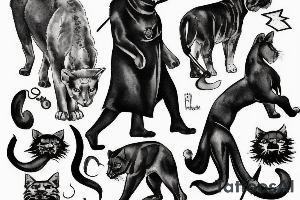 I want 3 black panthers (designed realistic like the animal), walking side by side.
The one in the middle is caring a shepherd's crook. tattoo idea