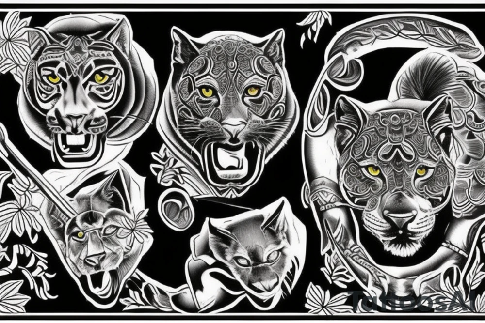 I want 3 black panthers (designed realistic like the animal), walking side by side.
The one in the middle is caring a shepherd's crook. tattoo idea