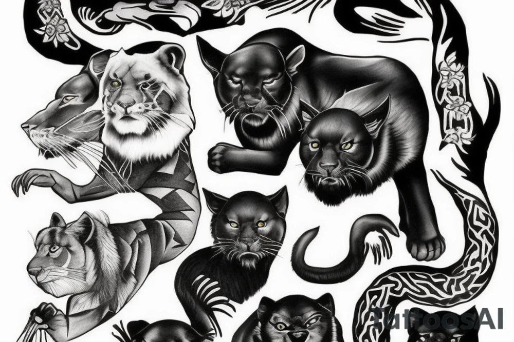 I want 3 black panthers (designed realistic like the animal), walking side by side.
The one in the middle is caring a shepherd's crook. tattoo idea
