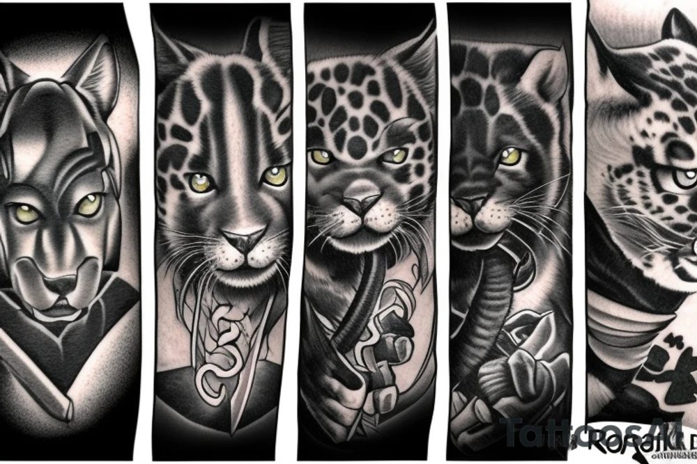 I want 3 black panthers (designed realistic like the animal), walking side by side.
The one in the middle is caring a shepherd's crook. tattoo idea