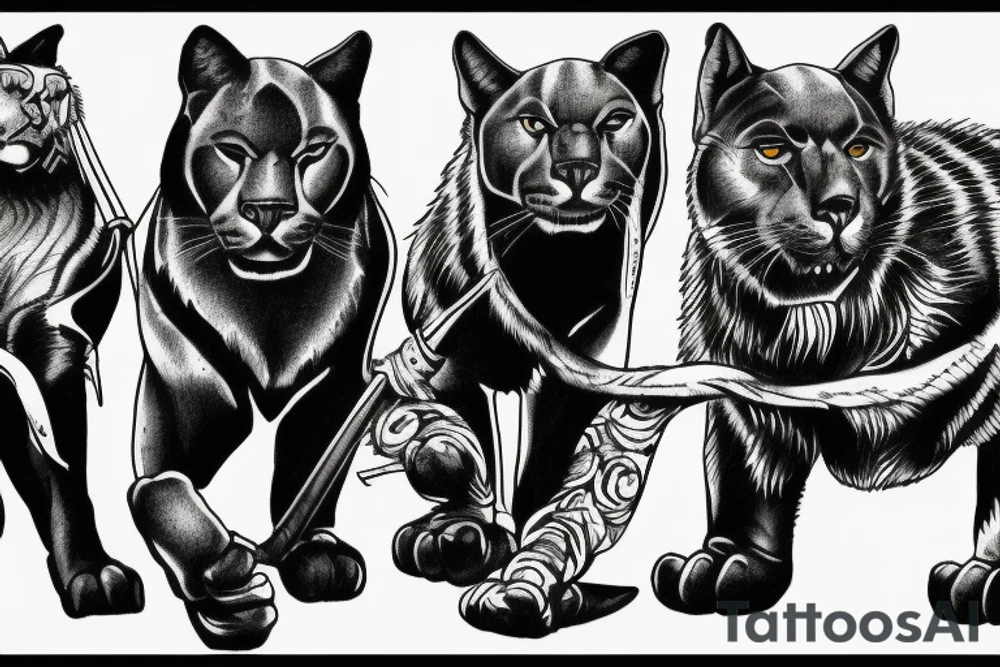 I want 3 black panthers (designed realistic like the animal), walking side by side.
The one in the middle is caring a shepherd's crook. tattoo idea