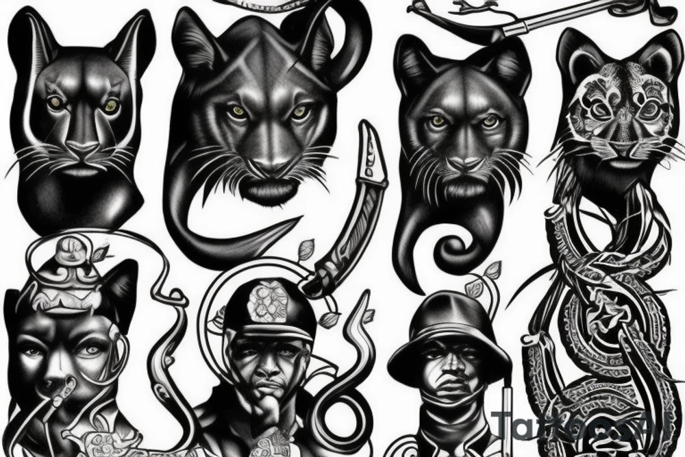 I want 3 black panthers (designed realistic like the animal), walking side by side.
The one in the middle is caring a shepherd's crook. tattoo idea