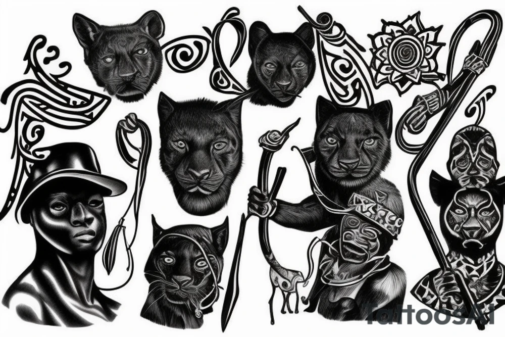 I want 3 black panthers (designed realistic like the animal), walking side by side.
The one in the middle is caring a shepherd's crook. tattoo idea
