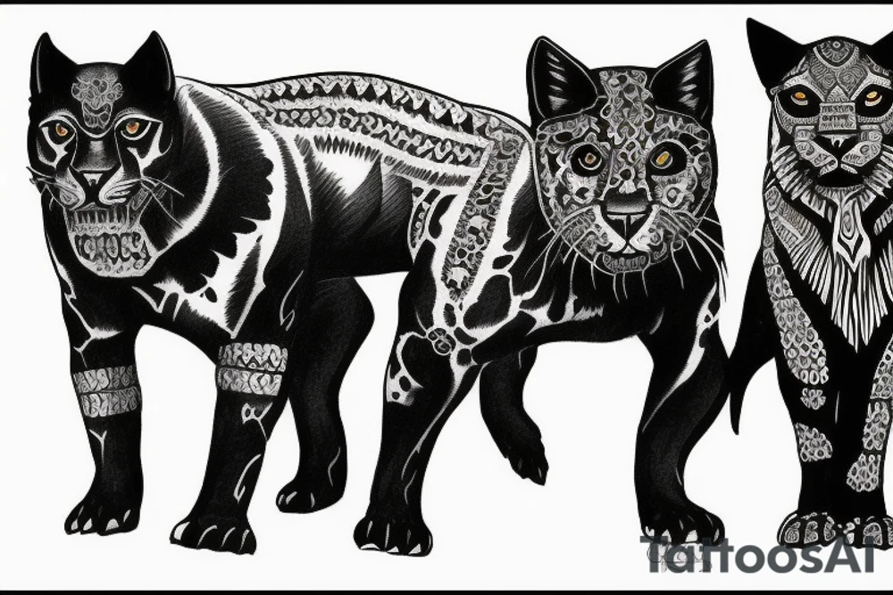 I want 3 black panthers (designed realistic like the animal), walking side by side.
The one in the middle is caring a shepherd's crook. tattoo idea