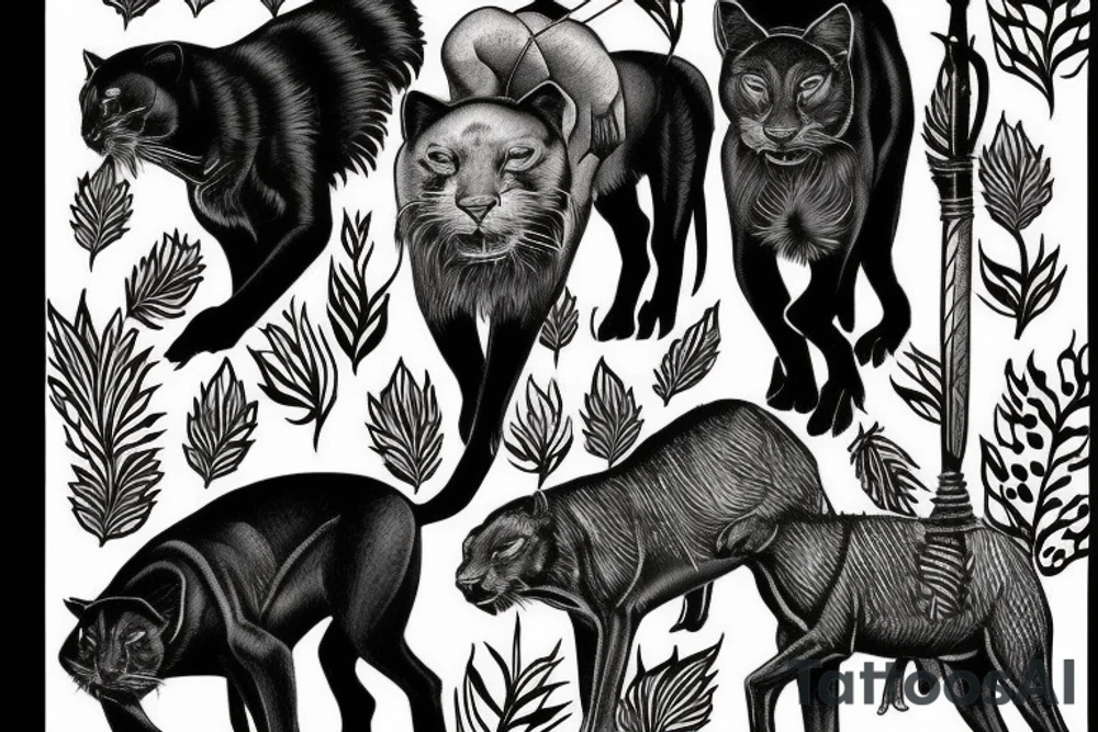 I want 3 black panthers (designed realistic like the animal), walking side by side.
The one in the middle is caring a shepherd's crook. tattoo idea