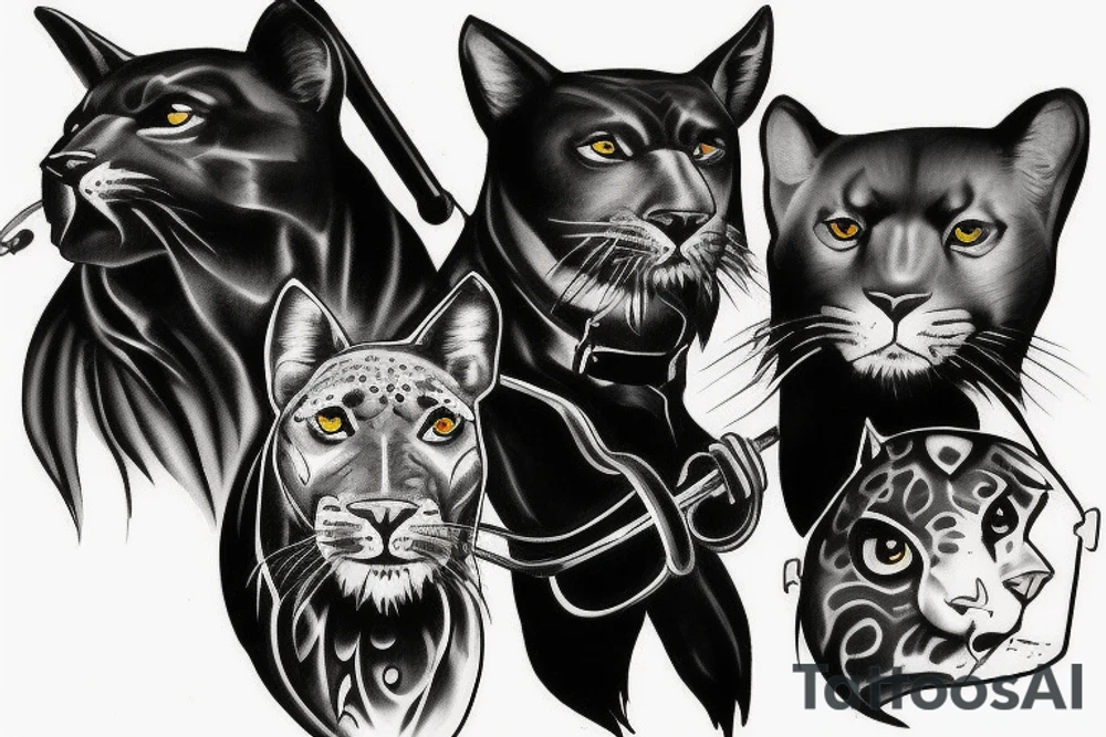 I want 3 black panthers (designed realistic like the animal), walking side by side.
The one in the middle is caring a shepherd's crook. tattoo idea