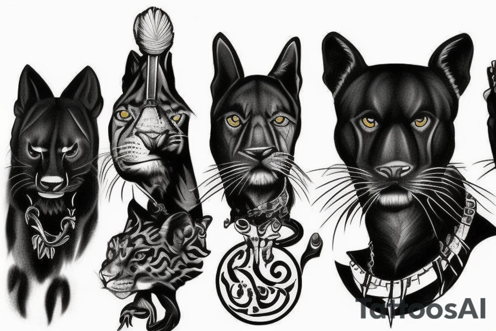 I want 3 black panthers (designed realistic like the animal), walking side by side.
The one in the middle is caring a shepherd's crook. tattoo idea