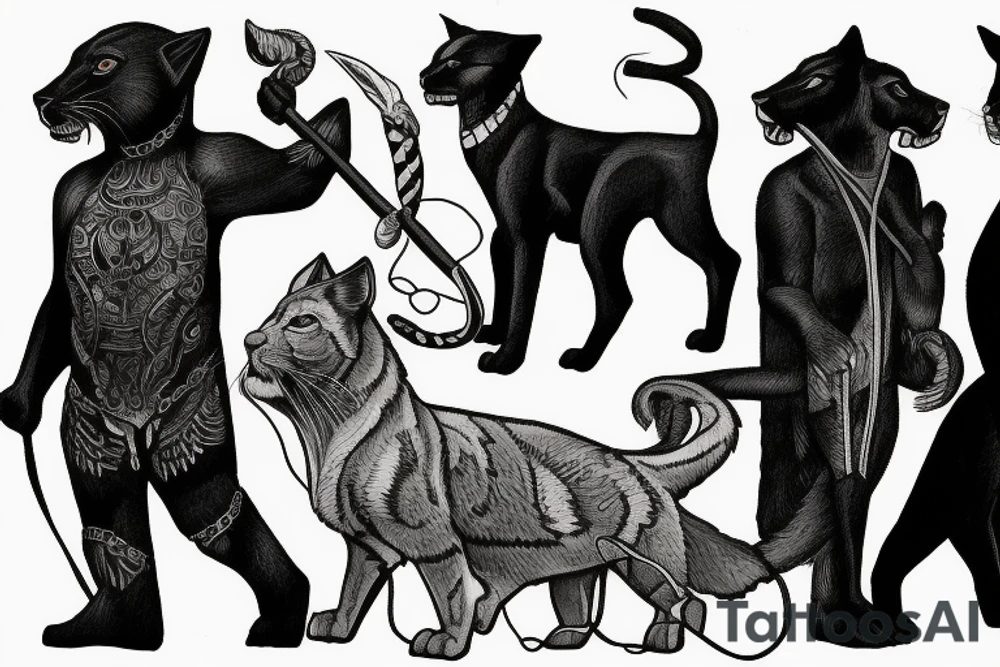 I want 3 black panthers (designed realistic like the animal), walking side by side.
The one in the middle is caring a shepherd's crook. tattoo idea